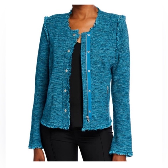 Worn Once NIC+ZOE Deserve It Fringe Detail Teal Bouclé Jacket - Picture 2 of 15